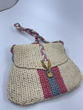 Vintage‎ Handwoven Straw Purse With Colorful Braided Strap & Brass Clasp Closure